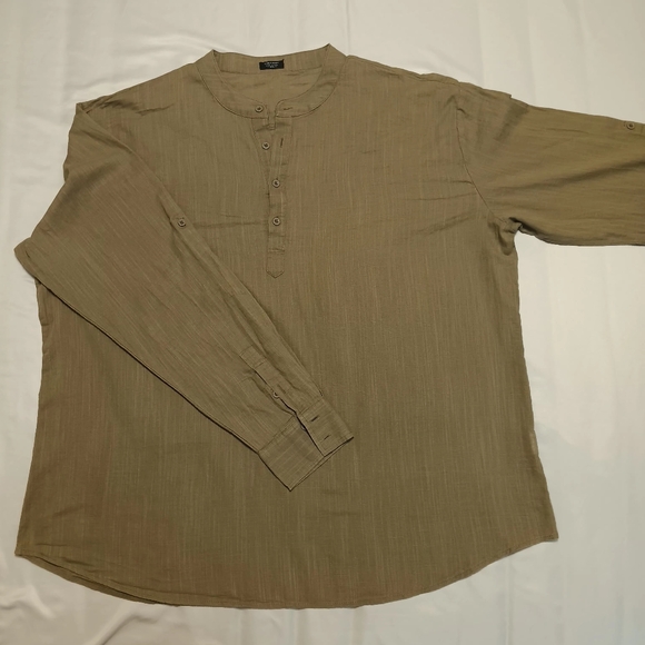 COOF ANDY Cotton & Hemp Long Roll up Sleeve Olive size XXL Men Henley Shirt - Picture 1 of 15